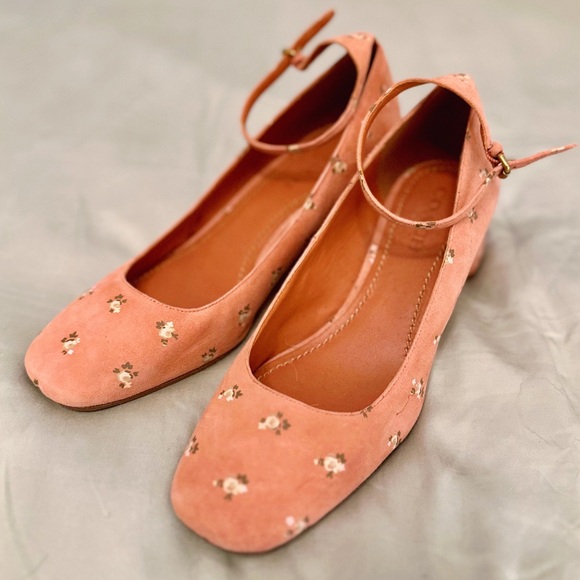 Coach Pink Floral Suede Ankle Strap Pumps, size 10 - Picture 2 of 8